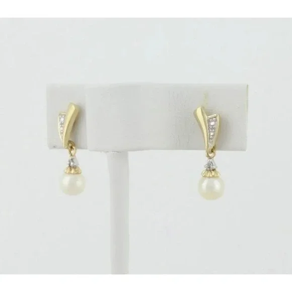 10k Yellow Gold Freshwater Pearl Earrings Dangle Drop - Picture 6 of 9